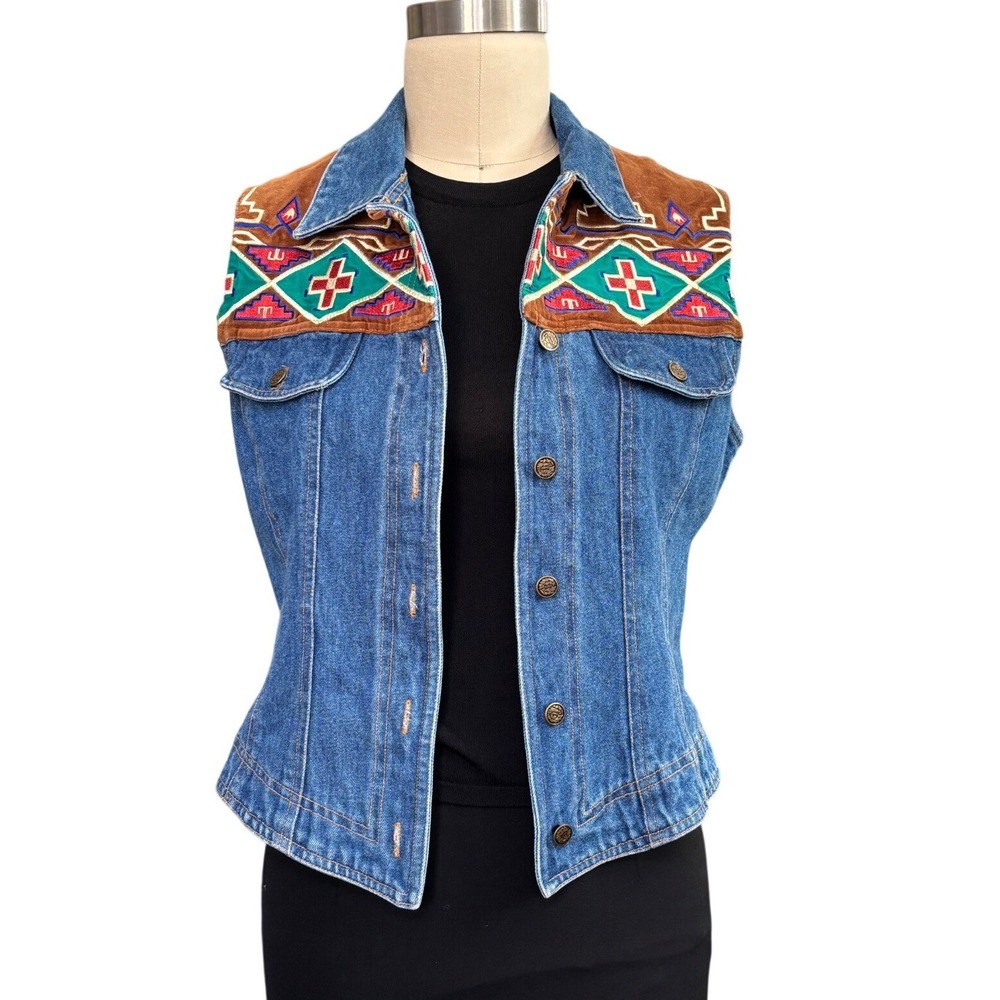 Southwestern Embroidered Western Panhandle Slim Denim Vest Blue Medium Vintage